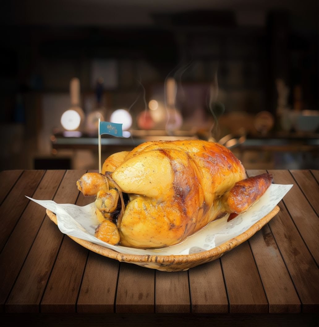 Pollo entero a la brasa en canasta