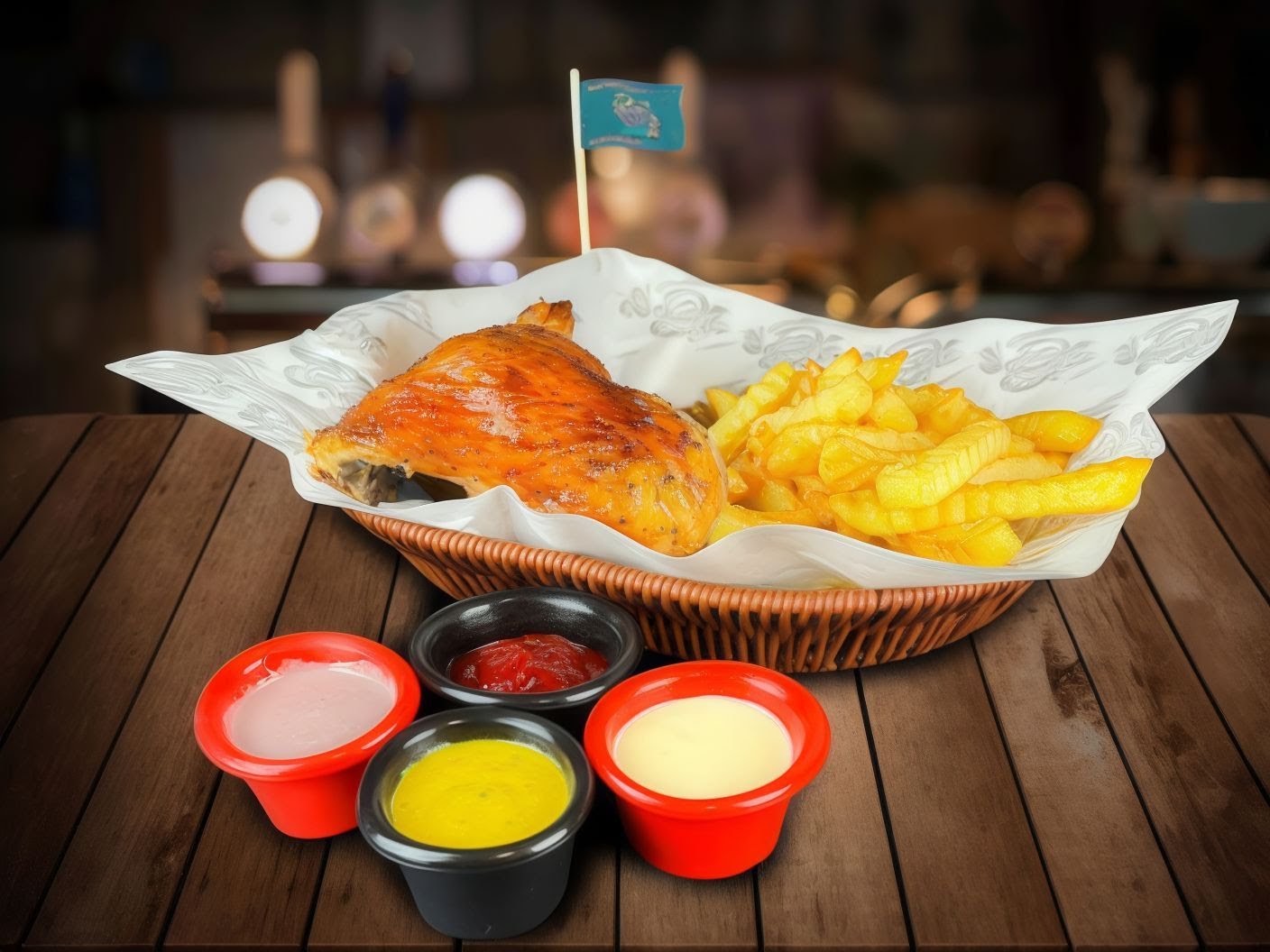 Pollo con papas y salsas — BarriosChicken Polleria