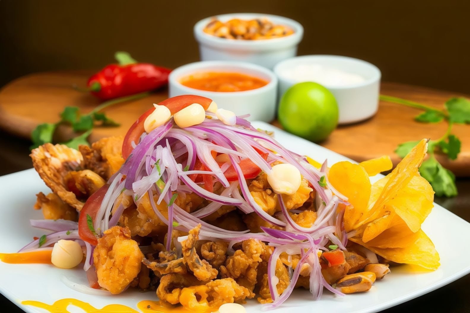 Chicharron mixto con salsas — Cevichería Chico Perico