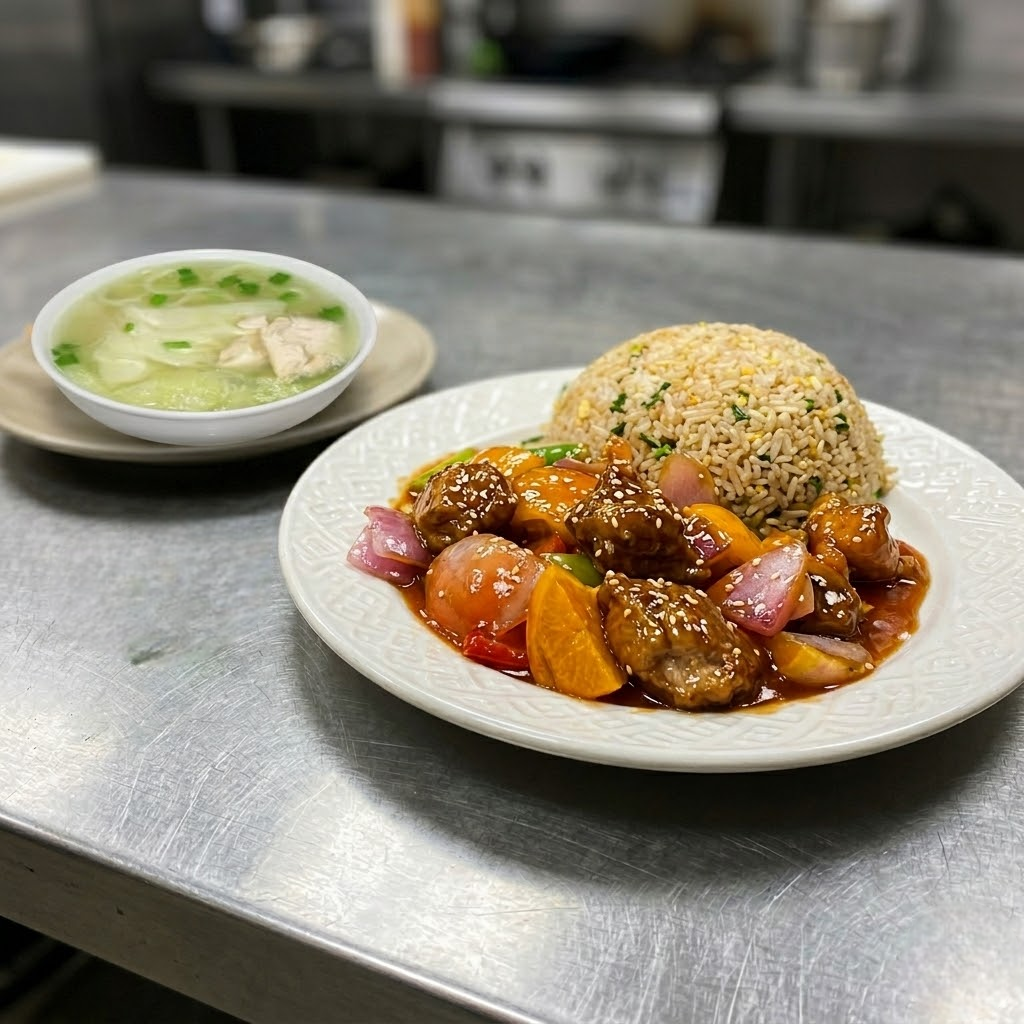 Pollo agridulce con arroz y sopa