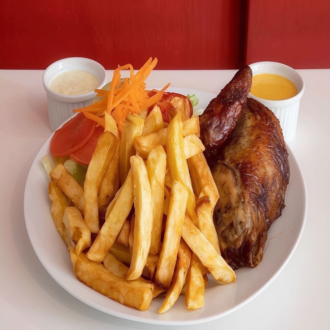 Plato de pollo a la brasa con papas y cremas