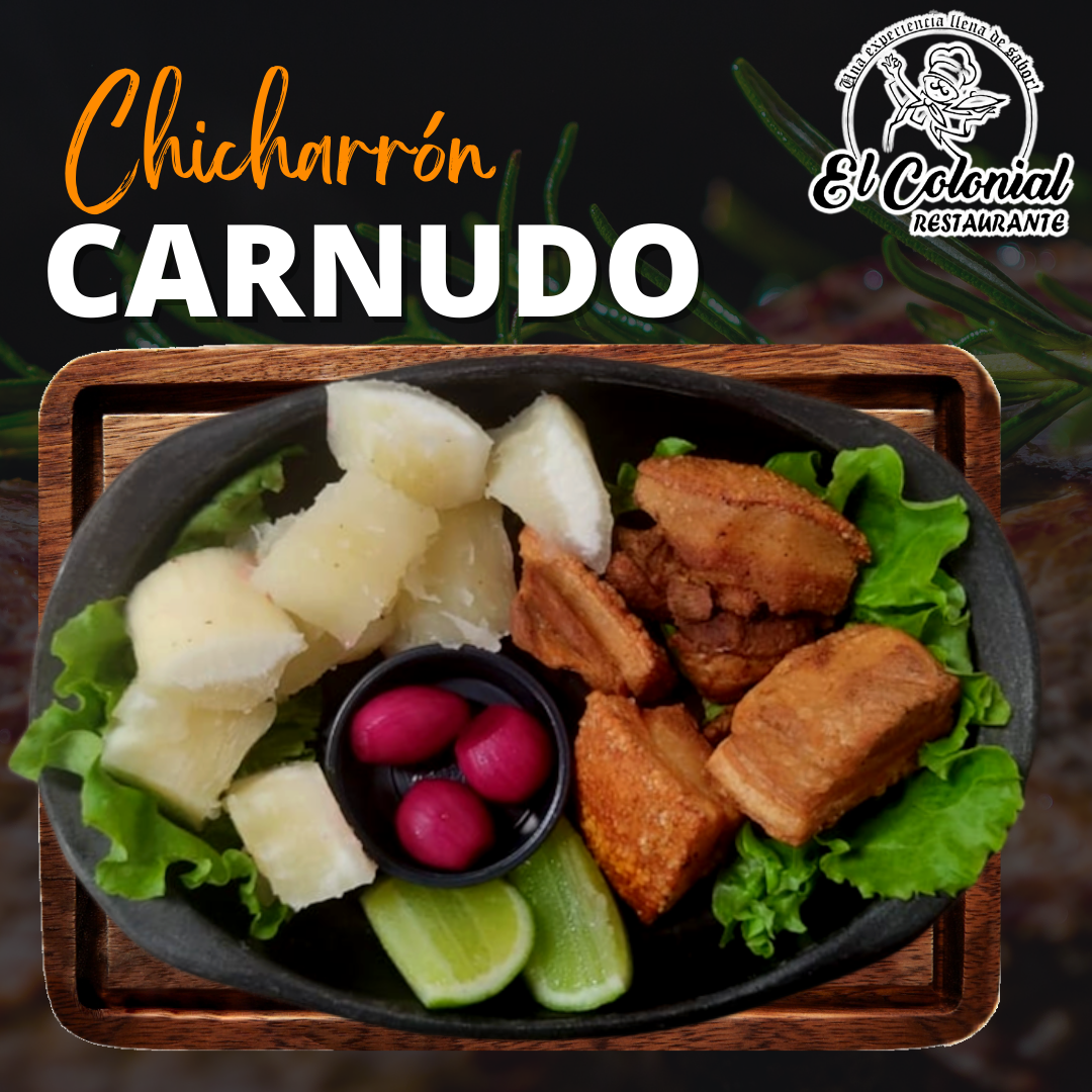 Chicharrón carnudo con patacón y aguacate