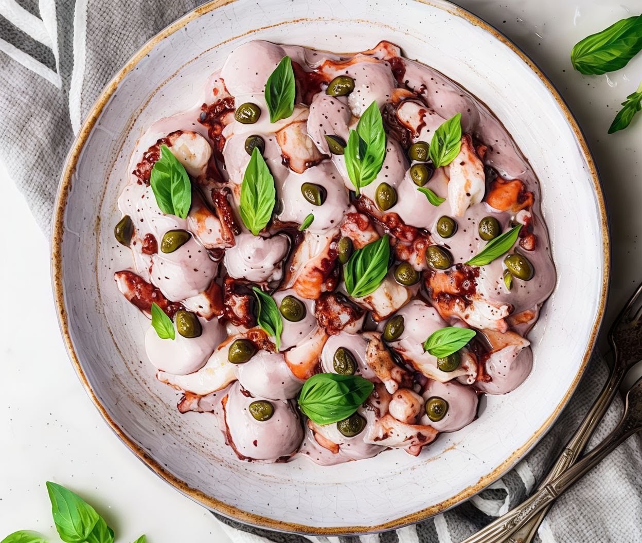 Pulpo al olivo en plato blanco